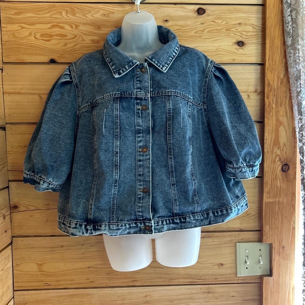 Vintage Denim Jacket Women Large Blue Excellent Puff Sleeve Cropped Handmade